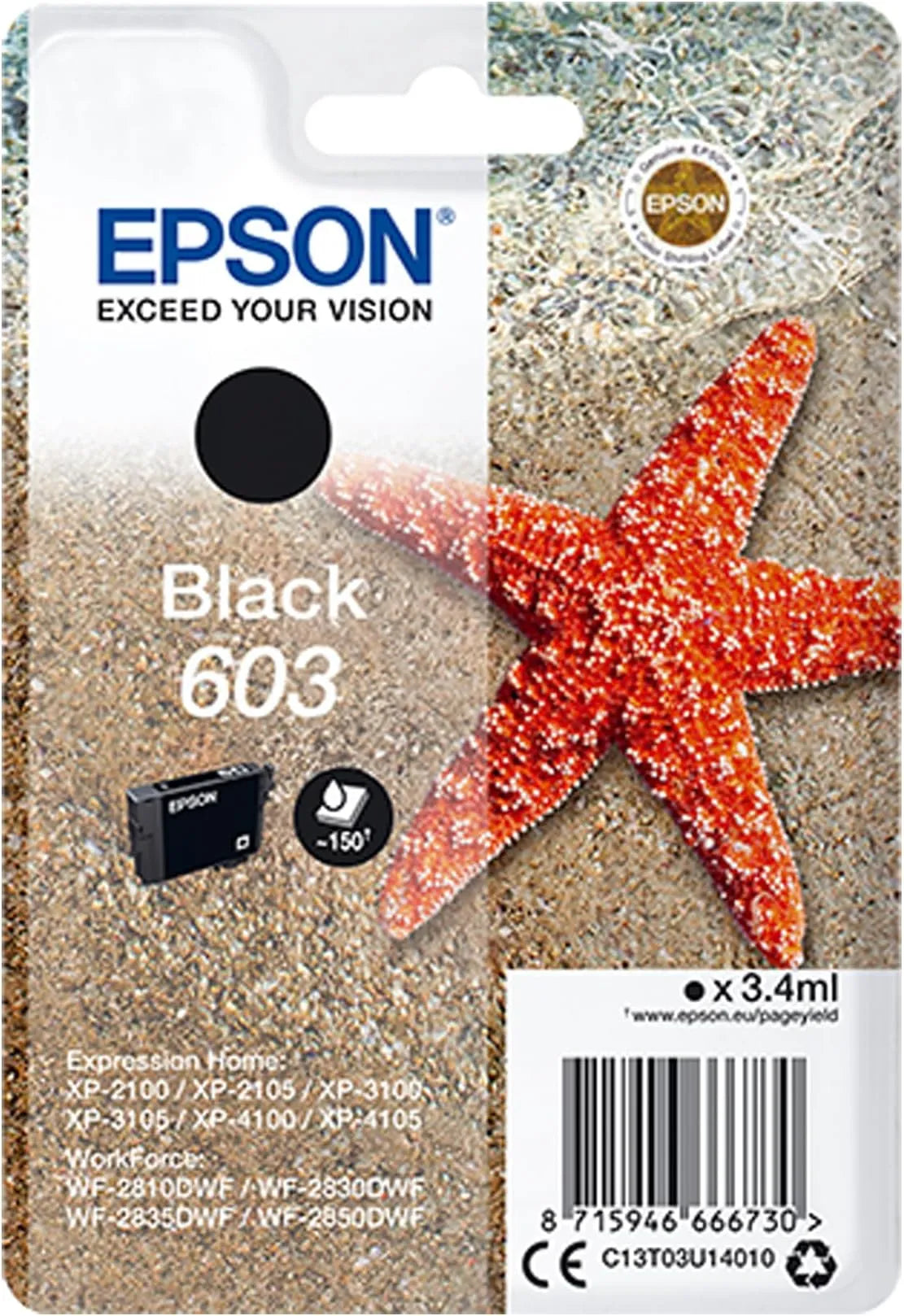 Epson 603 Black Ink Cartridge – Genuine Starfish Series, 3.4ml ink, yields up to 150 pages, ideal for Epson Expression Home printers – UK packaging