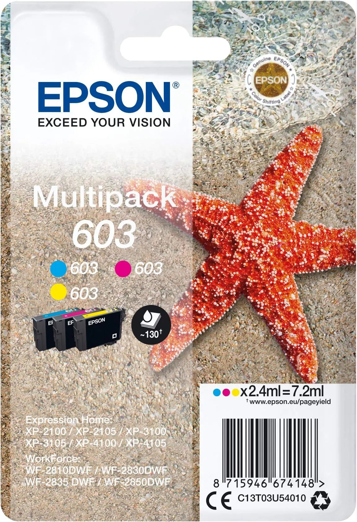 Epson 603 Multipack Ink Cartridges – Genuine Starfish Series 3-Colour Set (Cyan, Magenta, Yellow), 3x2.4ml for Epson Expression Home printers – UK packaging