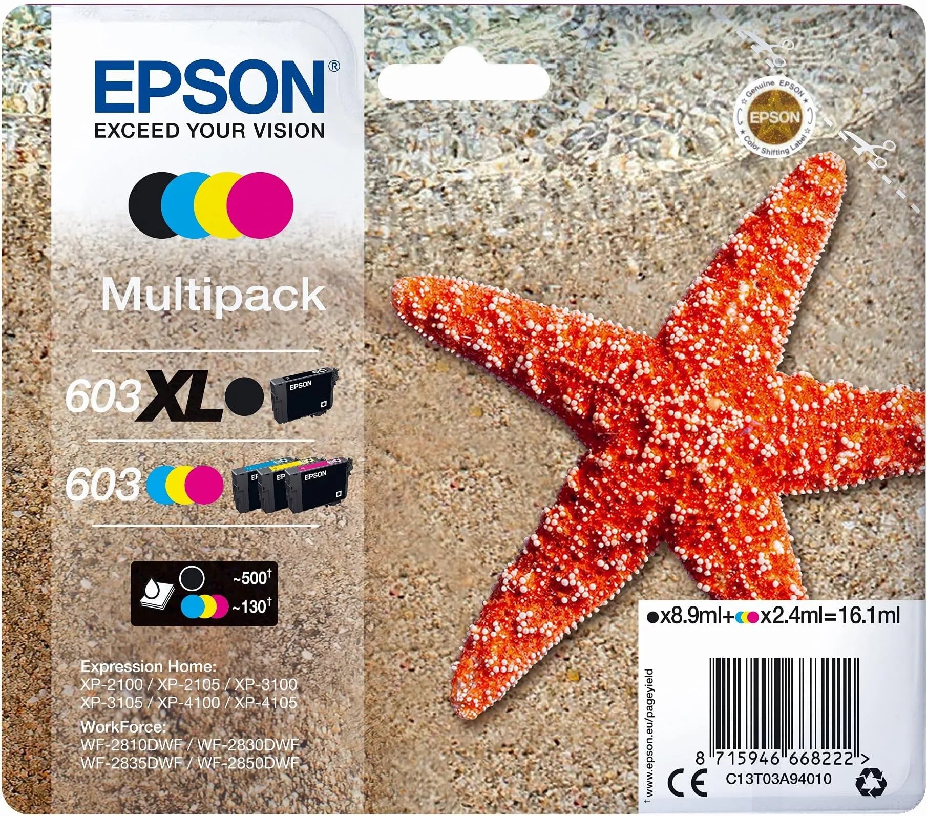 Epson 603XL Multipack Ink Cartridges – Genuine Starfish Series, High Yield Claria Ink Set (Black, Cyan, Magenta, Yellow), total 16.1ml, for Epson Expression Home printers – UK version