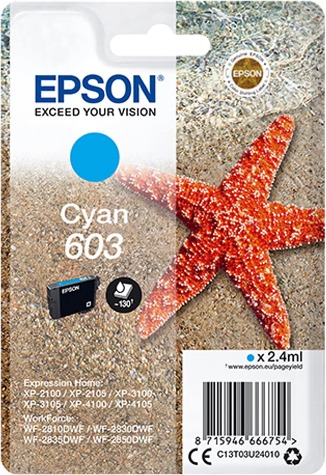 Epson 603 Cyan Ink Cartridge – Genuine Starfish Series, 2.4ml ink capacity, prints up to 130 pages, for Epson Expression Home inkjet printers – UK version
