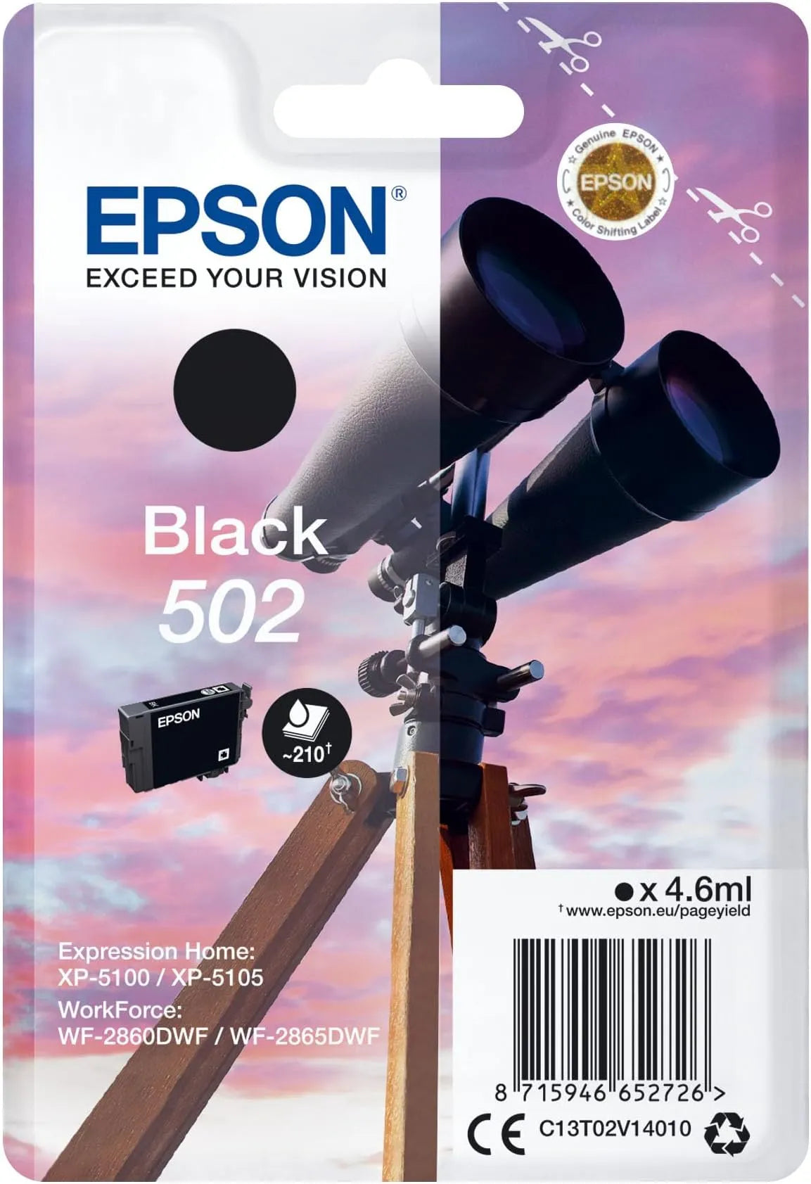 Epson 502 Black Ink Cartridge – Genuine Binoculars Series, 4.6ml ink capacity, prints up to 210 pages, compatible with Epson Expression Home printers – UK version