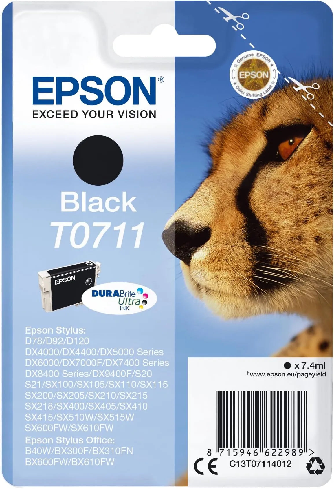 Epson T0711 Black Ink Cartridge – Genuine Cheetah Series, DURABrite Ultra Ink, 7.4ml capacity, prints up to 250 pages, ideal for Epson inkjet printers – UK version