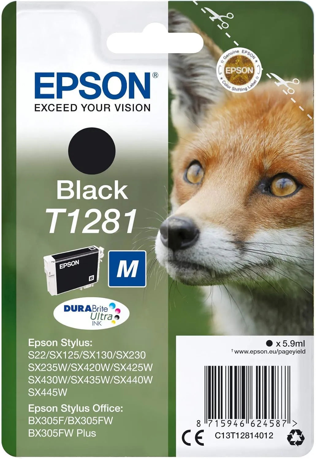 Epson T1281 Black Ink Cartridge – Genuine Fox Series, DURABrite Ultra Ink, 5.9ml capacity, prints up to 500 pages, suitable for Epson inkjet printers – UK packaging
