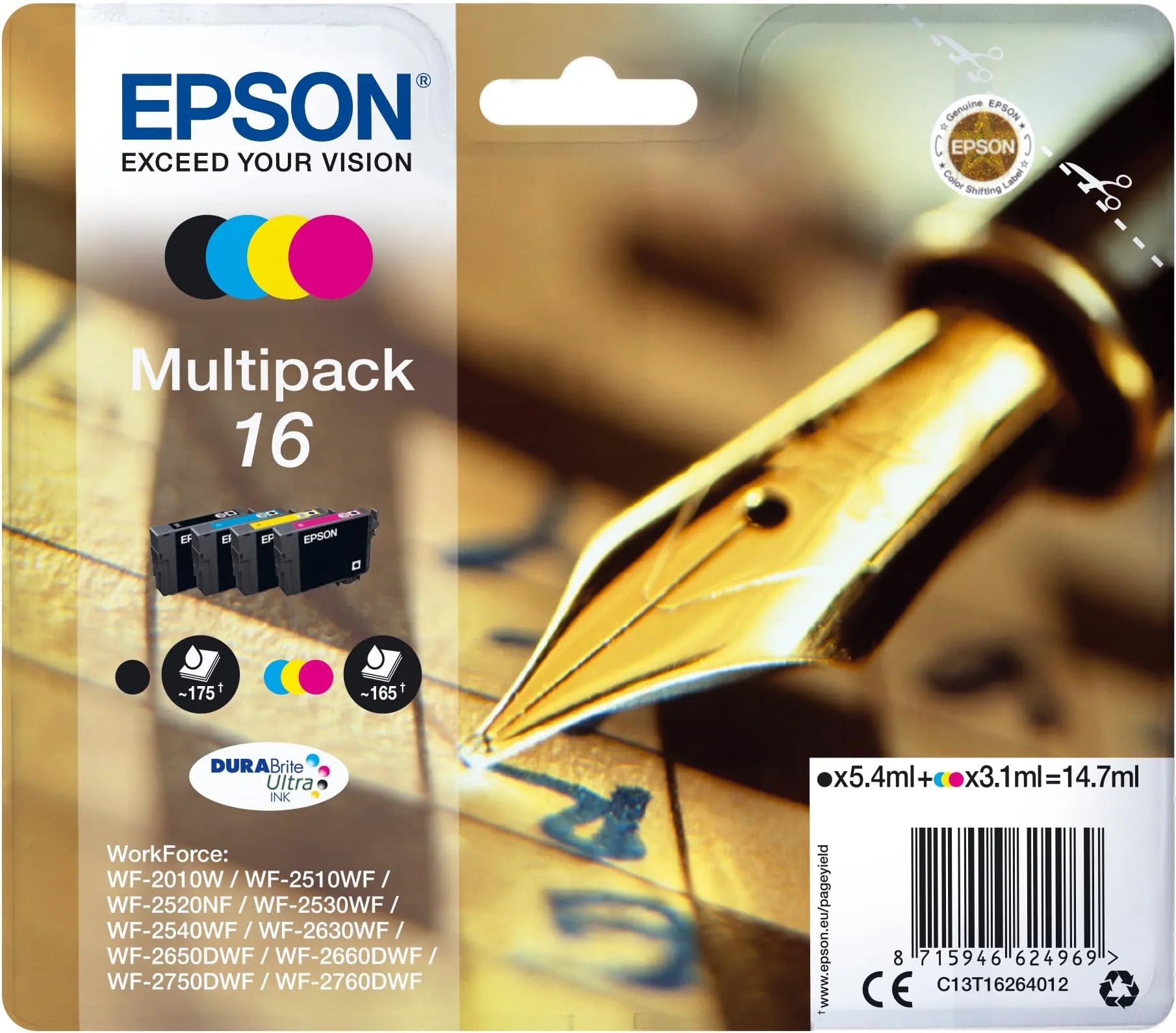 Epson 16 Multipack Ink Cartridges – Genuine Pen & Crossword Series, DURABrite Ultra Ink, CMYK set (Black, Cyan, Magenta, Yellow) total 14.7ml, compatible with Epson inkjet printers – UK packaging