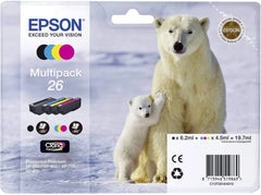 Epson 26 Multipack Ink Cartridges – Genuine Polar Bear Series, Claria Premium Ink, 4-Colour Set (Black, Cyan, Magenta, Yellow) total 19.7ml, for Epson Expression Photo printers – UK packaging