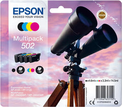 Epson 502 Multipack Ink Cartridges – Genuine Binoculars Series, High Yield Ink set (Black 4.6ml, Cyan/Magenta/Yellow 3.3ml each), for Epson Expression Home printers – UK packaging
