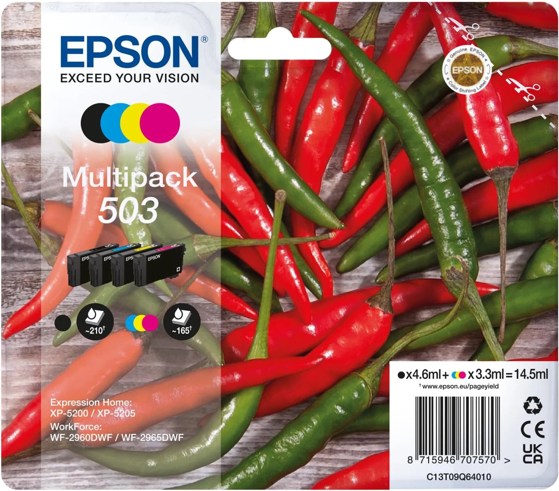 Epson 503 Multipack Ink Cartridges – Genuine Chillies Series, 4-colour CMYK set (Black 4.6ml, Cyan/Magenta/Yellow 3.3ml each), total 14.5ml, compatible with Epson WF-2965DWF, WF-2960DWF, XP-5200 – UK packaging