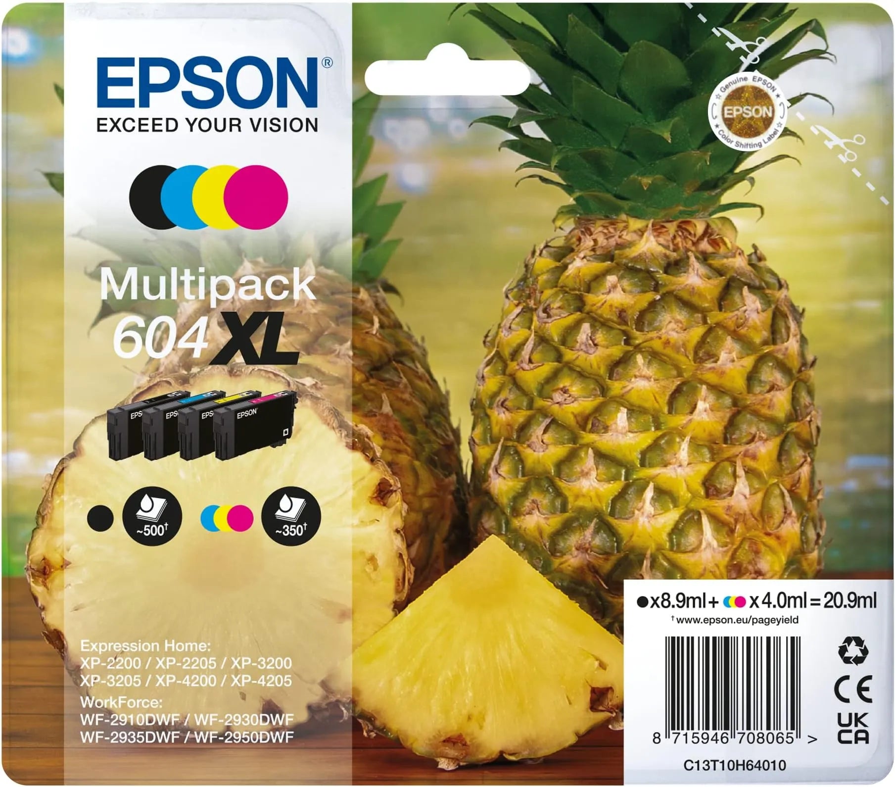 Epson 604XL Multipack Ink Cartridges – Genuine Pineapple Series, High Yield CMYK set (Black, Cyan, Magenta, Yellow) total 20.9ml, ideal for Epson Expression Home printers – UK packaging