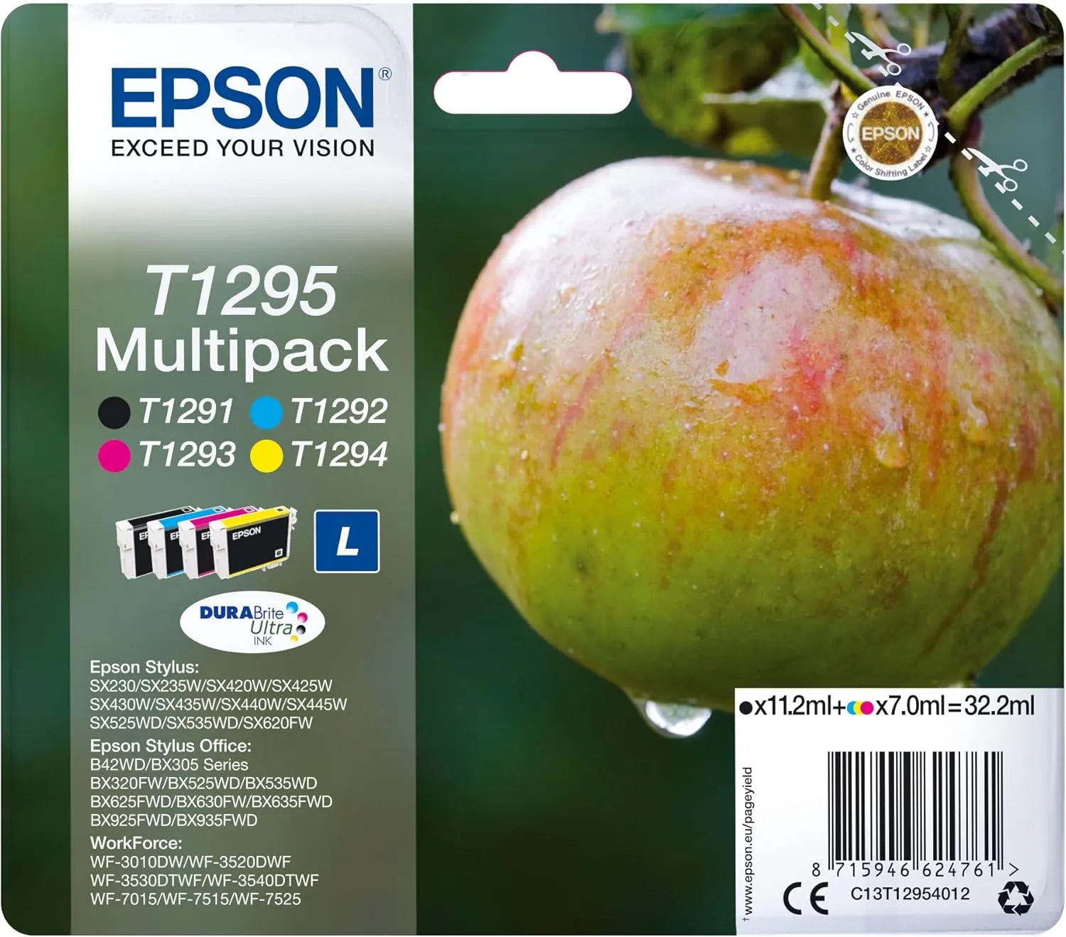 Epson T1295 Multipack Ink Cartridges – Genuine Apple Series, DURABrite Ultra Ink, 4-colour pack (Black, Cyan, Magenta, Yellow), total 32.2ml, for Epson printers – UK packaging