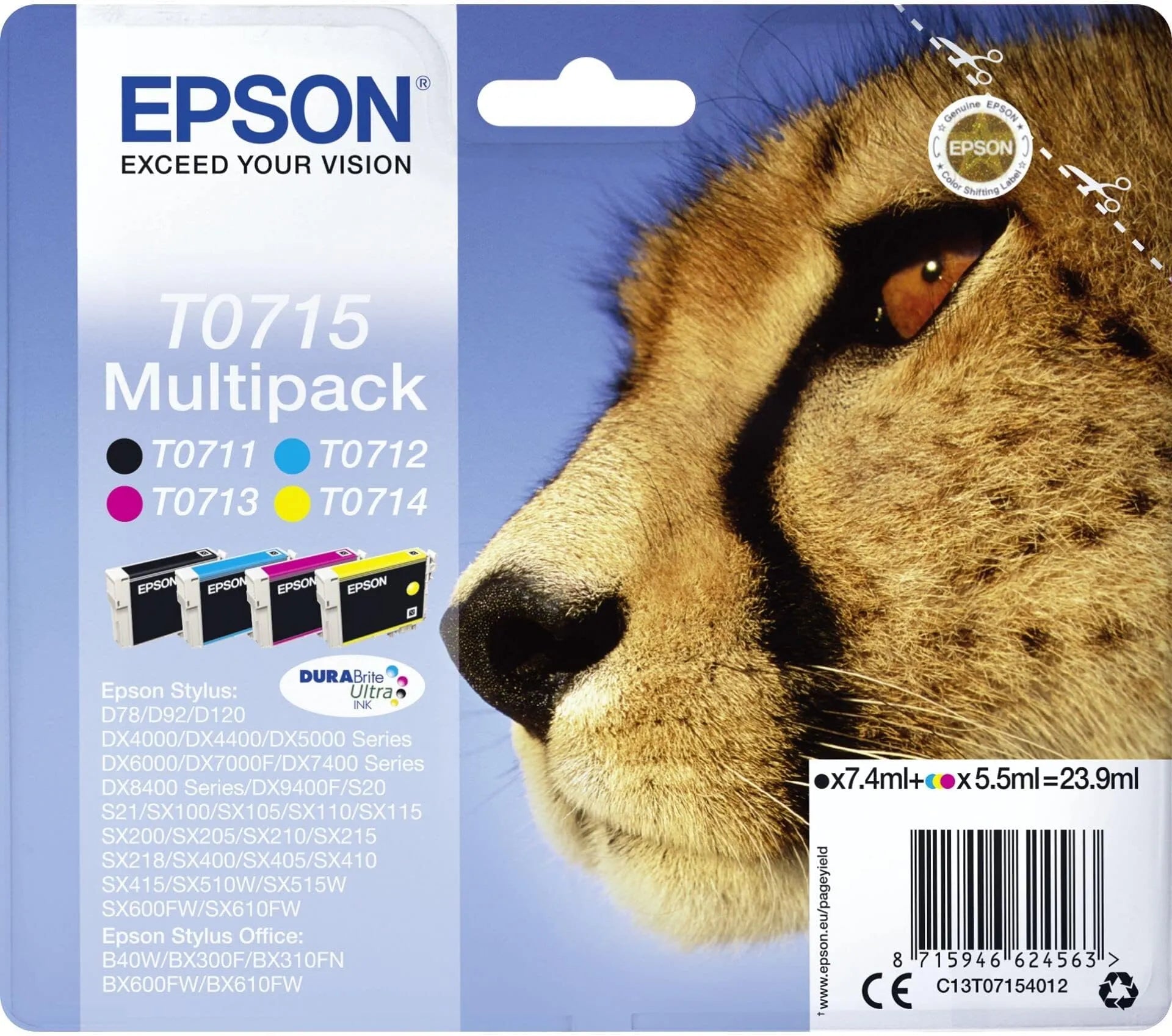 Epson T0715 Multipack Ink Cartridges – Genuine Cheetah Series, DURABrite Ultra Ink, 4-Pack (Black, Cyan, Magenta, Yellow), total 23.9ml for Epson printers – UK packaging