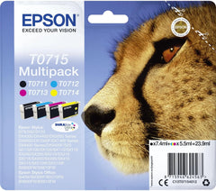 Epson T0715 Multipack Ink Cartridges – Genuine Cheetah Series, DURABrite Ultra Ink, 4-Pack (Black, Cyan, Magenta, Yellow), total 23.9ml for Epson printers – UK packaging