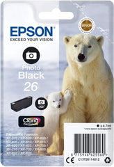 Epson 26 Photo Black Ink Cartridge – Genuine Polar Bear Series, Claria Premium Ink, 4.7ml capacity, prints up to 200 photos, for Epson Expression Photo printers – UK packaging