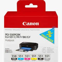 Canon PGI‑550 / CLI‑551 Multipack – Genuine 6‑Ink Cartridge Set (6496B005) with Pigment Black, Photo Black, Grey, Cyan, Magenta, Yellow for PIXMA printers – UK packaging