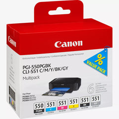 Genuine Canon PGI‑550 PGBK / CLI‑551 CMYBK/GY Multipack – Complete six‑ink system for stunning photo‑quality prints, original Canon consumables – UK packaging"