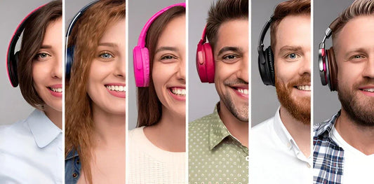 A group of people wearing different wireless headphones, showcasing various styles and brands.
