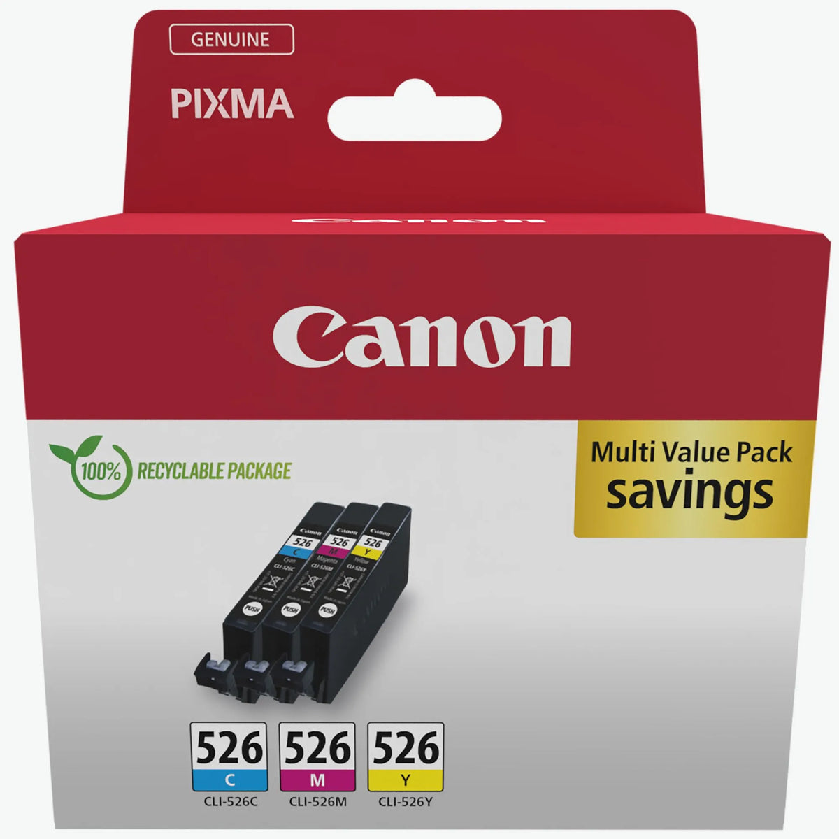 Canon CLI‑526 CMY Ink Cartridge Multipack – Genuine ChromaLife100+ System (4541B018), 3‑pack cyan magenta yellow, 9 ml each – UK packaging