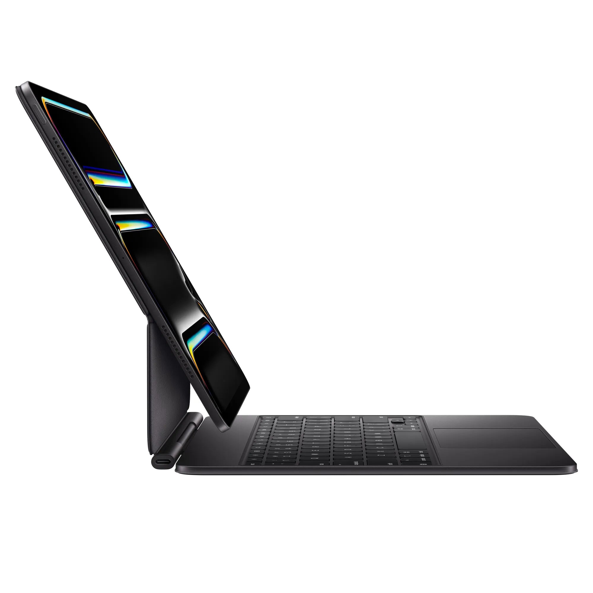 Magic Keyboard (Black) attached to iPad Pro, side view showing floating design.
