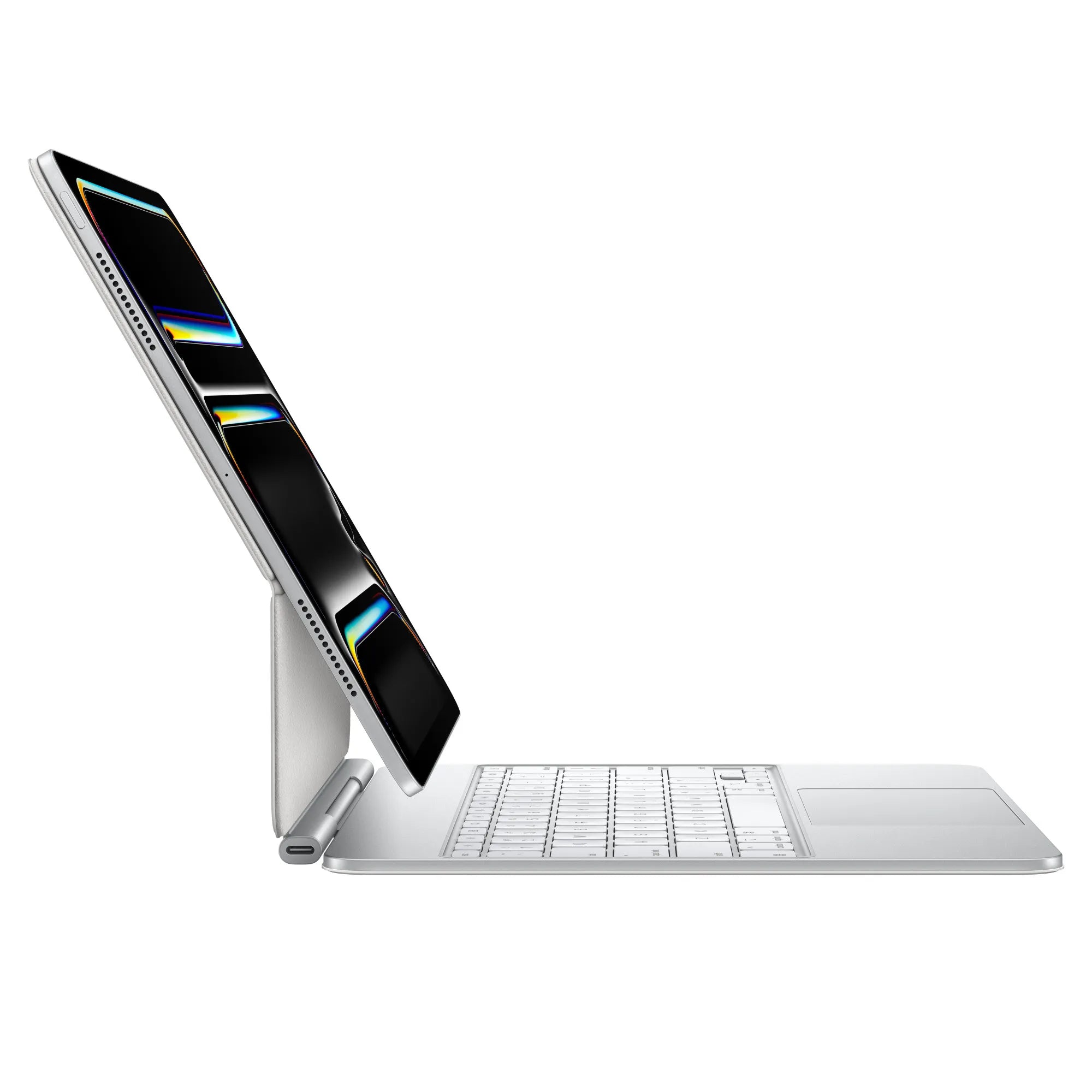 Magic Keyboard (White) attached to iPad Pro, side view showing floating design.