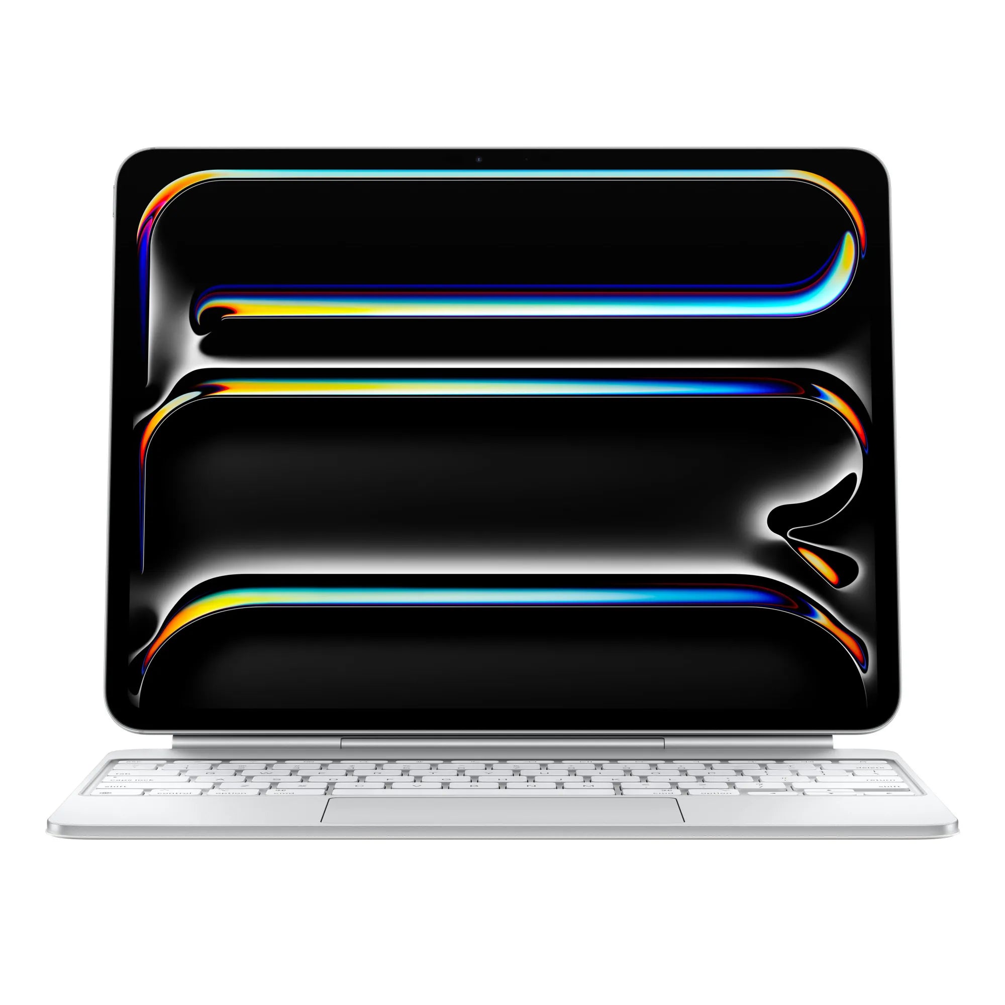 Front view of Apple Magic Keyboard White with iPad Pro 13inch attached to it.