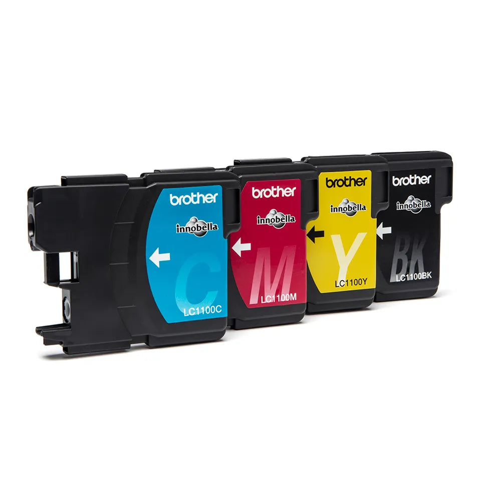 "Brother LC1100VALBP Genuine Ink Cartridge Set – 4-colour CMYK multipack (28.6ml total), ideal for clear documents and vibrant prints with Brother printers – UK edition