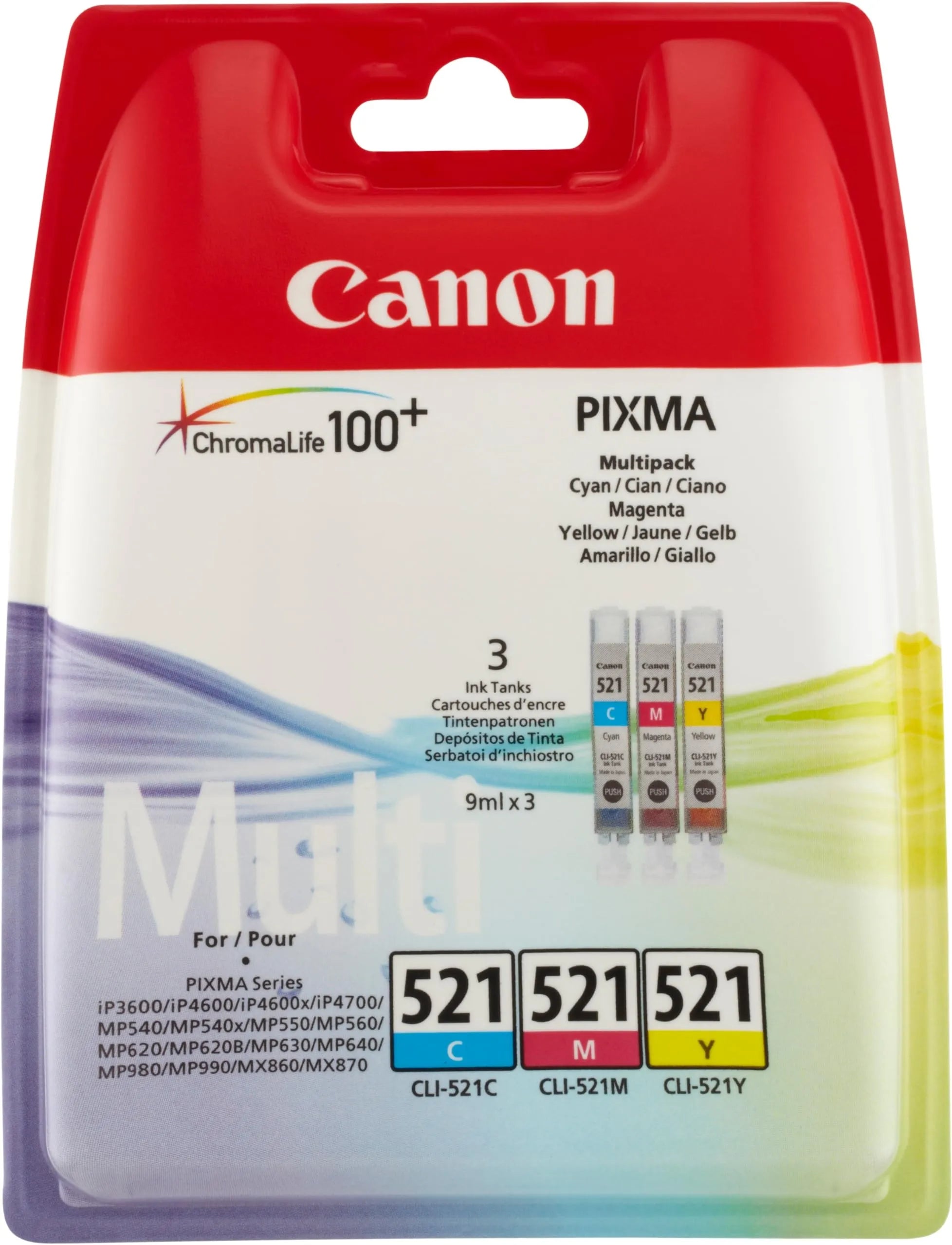 Canon CLI‑521 CMY Ink Cartridge Multipack – Genuine ChromaLife100+ System (2934B011), 3‑pack cyan magenta yellow, 9 ml each – UK packaging