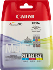 Canon CLI‑521 CMY Ink Cartridge Multipack – Genuine ChromaLife100+ System (2934B011), 3‑pack cyan magenta yellow, 9 ml each – UK packaging