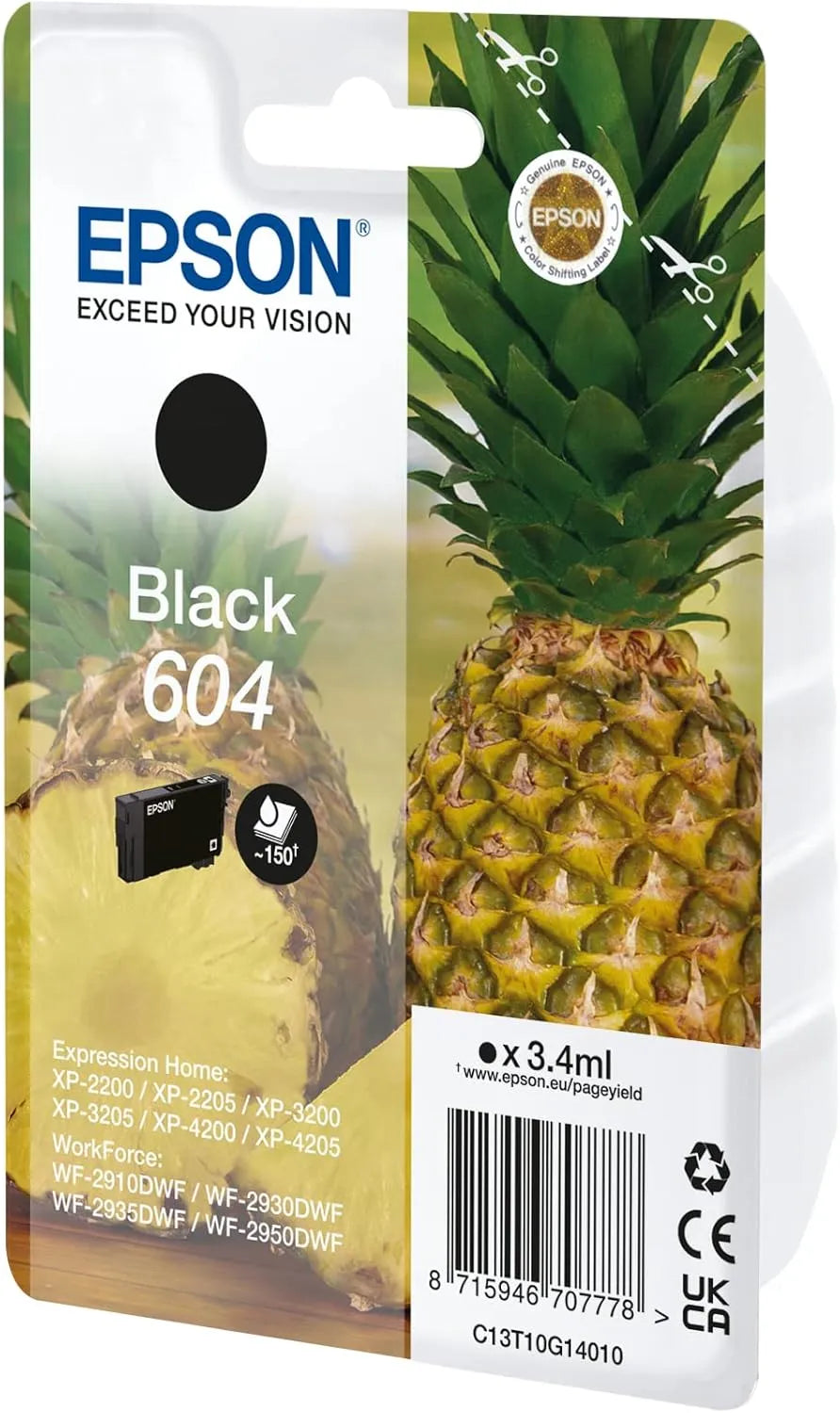 Original Epson 604 Black Ink Cartridge – Pineapple Series, 3.4ml, prints up to 150 pages, high-quality ink for Epson inkjet printers – UK packaging
