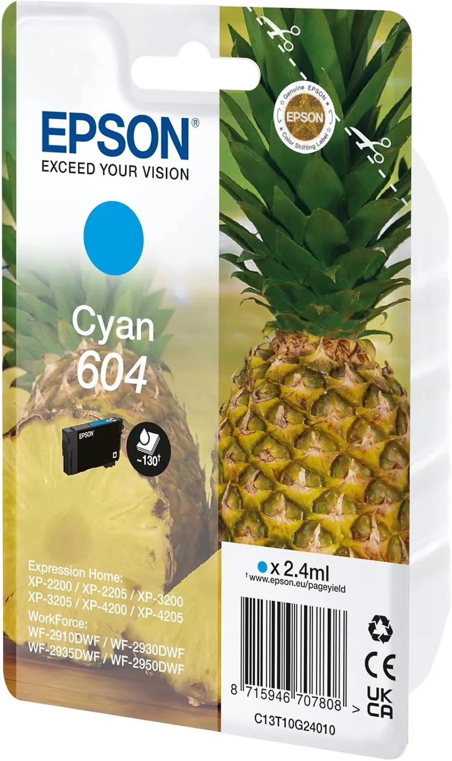 Epson 604 Cyan genuine Ink Cartridge – Pineapple Series, 2.4ml ink capacity, prints up to 130 pages