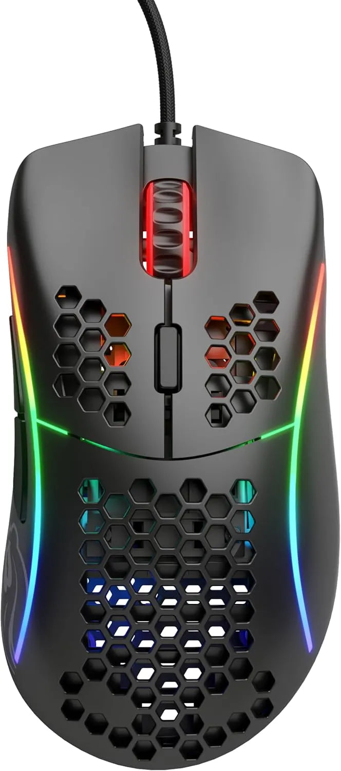 Glorious Model D wired gaming mouse in matte black with ergonomic design

