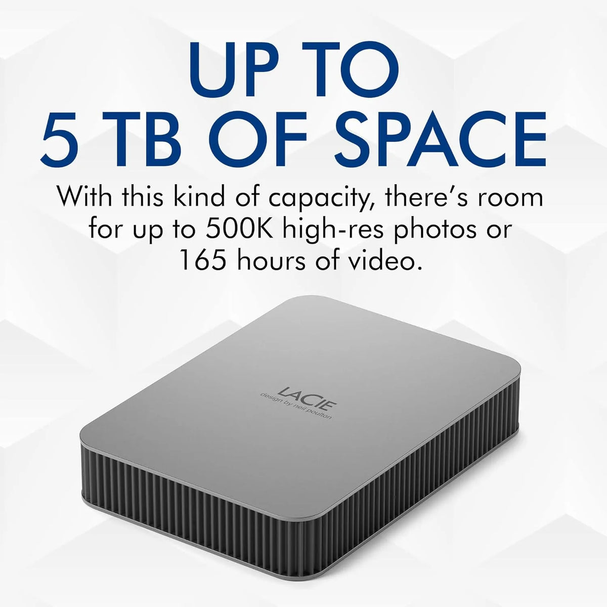 LaCie Mobile Drive Secure 5TB to store upto 500k high resolution pictures or 165 hours of videos
