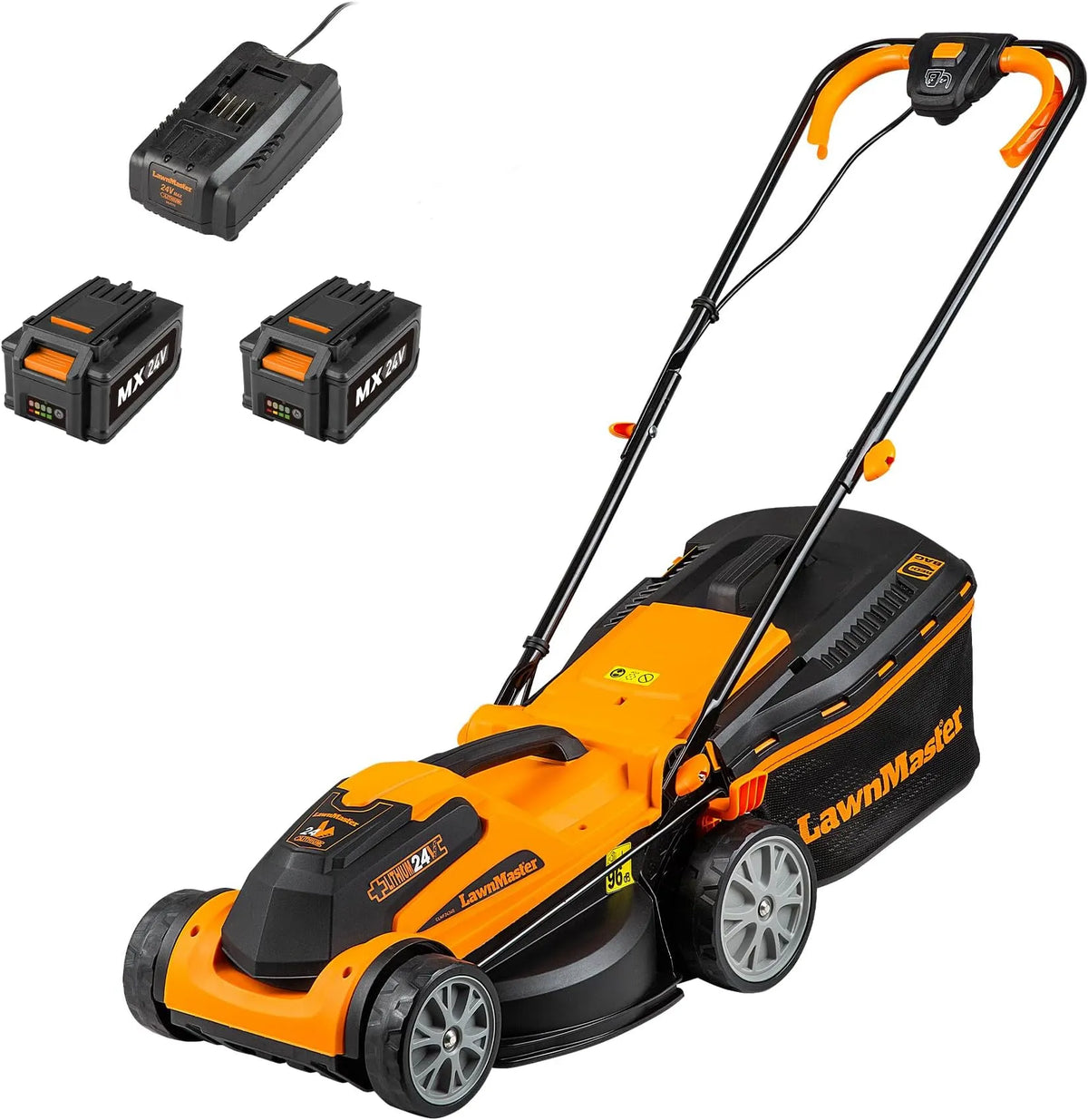 LawnMaster MX 24V 34cm cordless lawn mower with spare battery and fast charger
