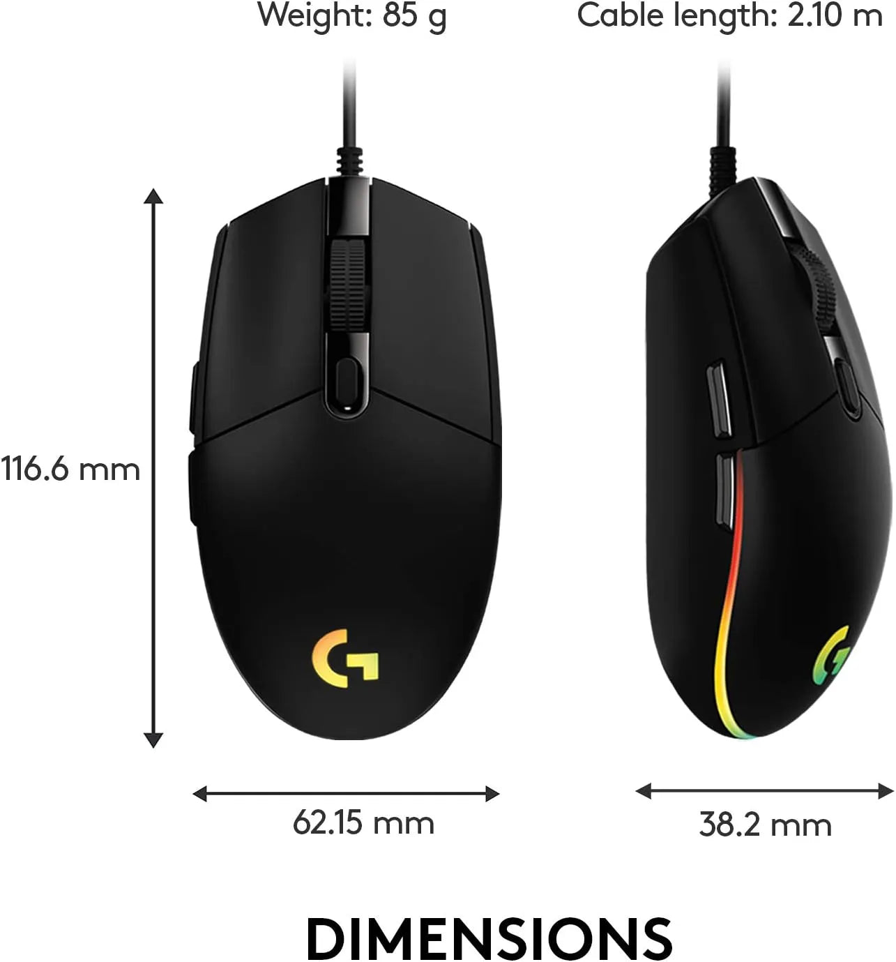 Dimensions of the  Logitech G203 LIGHTSYNC Gaming Mouse