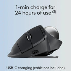 Charge the Logitech MX Ergo S with USB-C charging for 24 hours of use with 1 min of charge