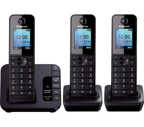 Panasonic KX-TG8183EB cordless phone with triple handsets in black
