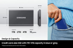 1TB Samsung T7 SSD showcasing its compact, lightweight aluminum design