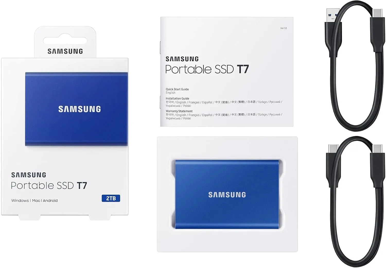 Samsung T7 SSD with included USB Type-C to Type-C and Type-C to Type-A cables