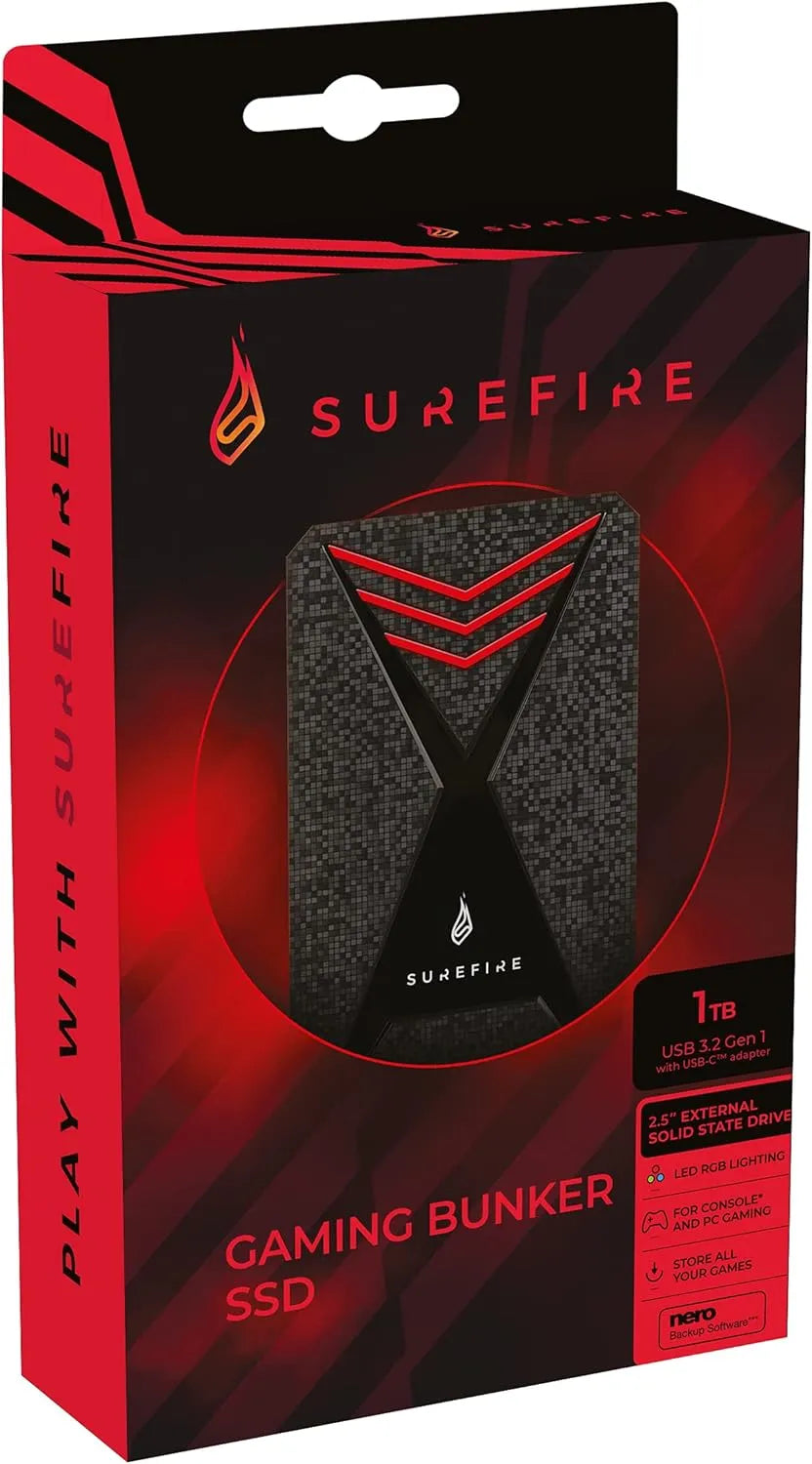 SureFire Gaming Bunker 1TB external SSD in black with USB-C adapter
