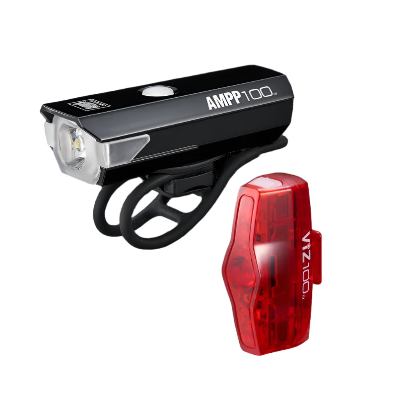 CatEye AMPP 100 front and ViZ 100 rear bike light set for enhanced visibility
