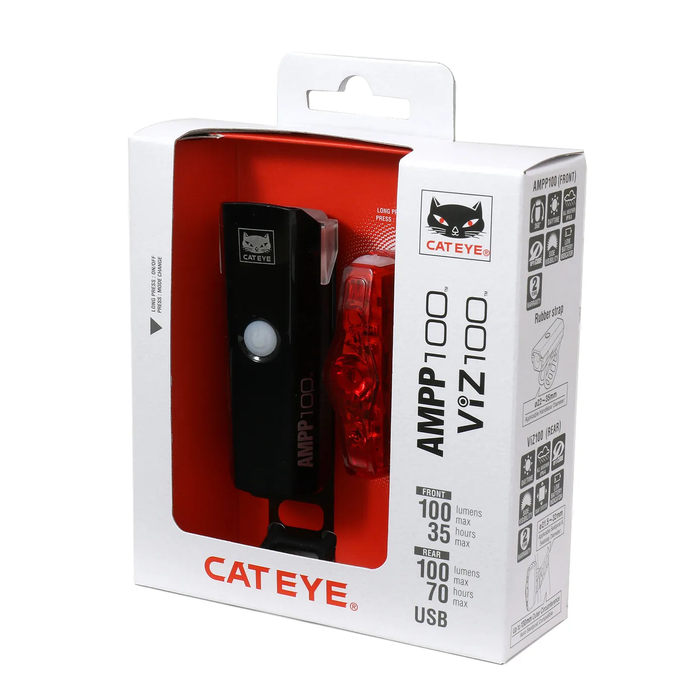 Box of CatEye AMPP 100 front and ViZ 100 rear bike light 